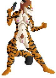 affectos anthro areola breasts digital_media_(artwork) feline female fighting_stance gun hair handgun holding_object holding_weapon mammal nipples nude pistol pixel_art pubes pussy ranged_weapon smile solo sprite_art standing stripes tiger transparent_background weapon