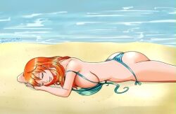 1girls big_ass big_breasts bikini clothing female female_only huge_breasts huge_thighs long_hair nami nami_(one_piece) one_piece orange_hair samanta95 seaside sleeping smile swimsuit thighs