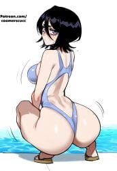 1girls ai_generated back_view big_ass black_body bleach coomersucc kuchiki_rukia light-skinned_female light_skin looking_back looking_back_at_viewer short_hair simple_background solo solo_female squatting swimsuit viewed_from_behind