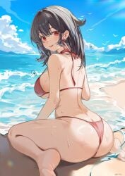 absurdres ariko_(aaaaarik) ass azur_lane barefoot beach bikini black_hair blue_sky breasts butt_crack commentary day english_commentary female from_behind highres huge_breasts medium_hair ocean open_mouth red_bikini red_eyes royal_fortune_(azur_lane) sitting sky soles solo swimsuit wariza