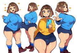 1futa brown_hair bulge erect_nipples_under_clothes erection futanari grin large_breasts mullon nameless_character original original_character phone shortstack smile thick_thighs wide_hips