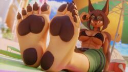 16:9 2025 3d 3d_(artwork) 5_toes abs anthro barefoot beach beach_umbrella big_breasts black_bikini_top breasts brown_body brown_fur brown_hair canid canine canis chutos_(artist) claws cooler digital_media_(artwork) dobermann dog_knight_rpg domestic_dog eyewear feet female foot_fetish foot_focus fur furry furry_female hair hi_res humanoid_feet mammal muscular muscular_anthro muscular_female parasol pawpads pinscher plantigrade plantigrade_pawpads rory_(ceehaz) soles solo sunglasses sunglasses_on_head toe_claws toes underboob valorlynz_(modeler) wallpaper widescreen