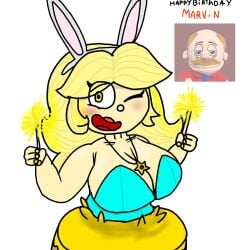 all_my_homies_are_a_marvin_fan big_breasts blonde_hair bunny_ears bunny_girl bunnysuit cake female rose_(sml) self_upload smile sml supermariologan suprise the_redbirdy