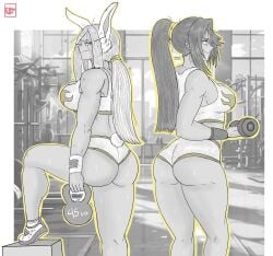 2girls ass big_breasts bleach bubble_ass bubble_butt bunny_ears bunny_girl crossover dark-skinned_female ettso fit_female gym gym_clothes looking_at_another looking_back miruko my_hero_academia rumi_usagiyama shihouin_yoruichi sweat sweatdrop weights