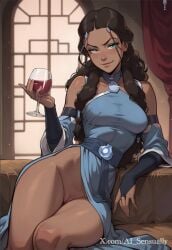 1girls 2d ai_generated ai_sensuality avatar_the_last_airbender blowjob blue_clothing blush clothed clothed_female clothed_male clothed_sex cock_worship dark-skinned_female dress eager katara large_penis no_panties smug sole_female solo vagina water_tribe wine