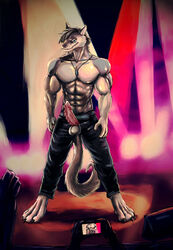 abs anthro barb biceps bleakcat blue_eyes camera clothing digital_media_(artwork) discordnight hair hi_res jewelry knot male male_only muscular necklace pants penis sergal solo standing triceps