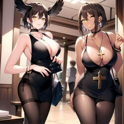 2girls ai_generated angel angel_girl angel_wings big_breasts black_hair bracelet bracelets breasts brown_body brown_hair brown_skin brunette_hair cleavage clothed clothing cross cross_necklace curvy curvy_female curvy_figure dark-skinned_female dark_skin dress earring earrings female female_focus female_only gold_eyes gold_jewelry golden_eyes hair hand_on_hip handbag hip_grab holy jewelry large_breasts looking_at_viewer necklace only_female open_mouth purse religion religious_clothing short_hair sisters smile smiling smiling_at_viewer standing tall_girl taller_girl teeth teeth_showing thee_voiid tights top_heavy walking wallet wings wings_on_head yellow_eyes