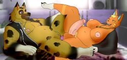 anal anal_sex andromorph animal_crossing anthro bedroom bedroom_sex belly big_belly big_breasts big_penis breasts canid canine canis clothing collar cuntboy dog_tags domestic_cat double_penetration duo erection eyeshadow feet felid feline felis fur futanari genitals gynomorph head_tuft hi_res intersex intersex/intersex jacket katt_(animal_crossing) kyle_(animal_crossing) looking_at_another makeup male mammal markings mastectomy_scar muscular muscular_anthro muscular_male nintendo nipples one_eye_closed penetration penis pubes pussy scar sex_toy sharing_sex_toy smile spots spotted_body spotted_fur spread_legs spreading topwear tuft whitestellar wolf yellow_sclera