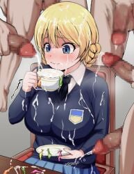 5boys blonde_hair blue_eyes blush breasts bukkake censored cum cum_in_container cum_in_mouth cum_on_clothes cum_on_face cum_on_hair darjeeling female girls_und_panzer holding_cup large_breasts male penis sitting st._gloriana's_school_uniform straight surrounded_by_penises swallowing swallowing_cum used_condom yahow