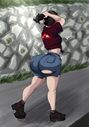 1girls big_ass bikowolf1 female female_only human ripped_clothing ruby_rose rwby shorts small_breasts solo tying_hair