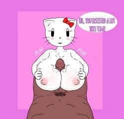 anthro big_breasts blush brown_body cat_ears english_text grabbing grabbing_own_breast hello_kitty hello_kitty_(character) huge_breasts huge_cock human_on_anthro long_nipples looking_at_viewer naked nipple paizuri pubic_hair titfuck titjob