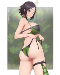 ass bikini black_hair blush breasts dimples_of_venus embarrassed fire_emblem fire_emblem_awakening fire_emblem_heroes grey_eyes headwear kaos_art large_ass large_breasts noire_(fire_emblem) noire_(summer)_(fire_emblem) short_hair sideboob tagme thick_thighs untied_bikini wide_hips