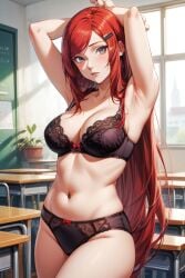 ai_generated belly_button bra classroom hands_behind_head light-skinned_female lingerie looking_at_viewer midriff naruto_(series) navel navel_piercing red6161 red_hair slightly_chubby uzumaki_kushina