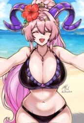 artist_name beach bikini breasts closed_eyes female fire_emblem fire_emblem_heroes flower goat_horns hair_flower hair_ornament highres horns huge_breasts incoming_hug jewelry long_hair navel necklace nerthuz_(fire_emblem) nerthuz_(summer)_(fire_emblem) ocean official_alternate_costume outdoors pink_hair ponytail pov purple_horns rotomdocs smile solo swimsuit very_long_hair