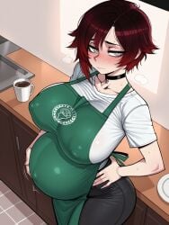 11_22 ai_generated apron barista big_breasts black_hair black_jeans black_pants breasts coffee covered_nipples embarrassed female from_above gradient_hair green_apron half-closed_eyes hand_on_hip hand_on_stomach huge_breasts large_breasts looking_at_viewer pregnant red_hair ruby_rose rwby short_hair t-shirt thick_thighs white_shirt wide_hips
