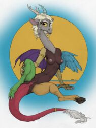 anthro anus breasts claws discord_(mlp) draconequus ecmajor feathered_wings feathers female friendship_is_magic hi_res horn long_body long_neck long_torso looking_at_viewer membranous_wings my_little_pony navel navel_piercing nipples piercing presenting pussy rule_63 semi-anthro simple_background solo spread_legs spreading straight_hair thick_bottom_lip white_background wings