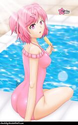 clouddg doki_doki_literature_club natsuki_(doki_doki_literature_club) one_piece_swimsuit pool poolside popsicle