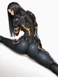 1girls ai_generated asian asian_female ass ass_focus black_bodysuit black_hair bodysuit clothed from_behind legs_spread long_hair looking_at_viewer looking_back splits stellar_blade stretching tachy_(stellar_blade) techsuit