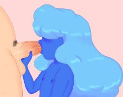 1boy 1boy1girl 1girls 2016 bangs_over_eyes big_penis blue_hair blue_skin blush fellatio flat_chest gem_(species) holding_penis hoshime interspecies long_hair nude sapphire_(steven_universe) size_difference steven_universe sweat