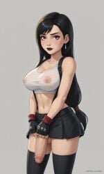 1futa ai_generated black_hair black_lipstick black_skirt black_stockings final_fantasy_vii fingerless_gloves futanari large_breasts large_penis lifting_skirt purple_eyes sheer_top solo suspenders tifa_lockhart