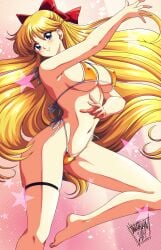 1girls 2024 absurdres aino_minako alluring back_bow bikini bishoujo_senshi_sailor_moon blonde_hair blue_eyes bow cleavage covered_erect_nipples danmakuman female_focus hairbow highleg highleg_bikini highres large_breasts long_hair looking_at_viewer minako_aino navel open_mouth orange_bikini orange_skirt red_bow sailor_venus side-tie_bikini_bottom signature skindentation skirt smile solo swimsuit thigh_strap underboob very_long_hair