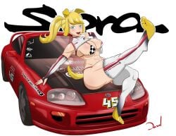 abs big_breasts blonde_female blonde_hair blonde_hair blue_eyes checkered_clothes cleavage dazol dog_ears dog_girl huge_breasts large_breasts latex_clothing light-skinned_female light_skin long_hair looking_at_viewer mostly_clothed original original_character paws ponytail race_car race_queen shrug_(clothing) sponsor tagme toned toned_female toyota toyota_supra veronika_shaffer