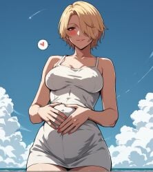 ai_generated ariels blonde_hair blush covered_nipples guilty_gear guilty_gear_strive mayihavesomeslops pregnant sky smile sundress