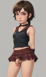 1futa ai_generated brown_hair choker final_fantasy_xv futanari iris_amicitia pink_eyes plaid_skirt sleeveless_shirt small_breasts small_penis solo twin_braids