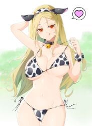 bell_collar big_breasts bikini blonde_hair breasts cleavage collar cow_ears cow_print heart hourglass_figure licking licking_lips long_hair marvelous mzknk0 senran_kagura senran_kagura_shinovi_versus shiki_(senran_kagura) tagme tongue