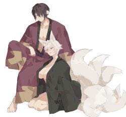 1boy 1girls big_breasts canon_genderswap cleavage female fox_ears fox_girl fox_tail full_body genderswap_(mtf) ginko_sakata gintama gintoki_sakata huge_breasts kimono kitsune kyuubi male mostly_nude_female multi_tail naki_rg no_bra red_eyes rule_63 short_hair sitting smile takasugi_shinsuke very_short_hair white_hair youkai