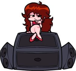 :3 ;3 accurate_art_style animated auburn_hair blush censored flashing friday_night_funkin girlfriend_(friday_night_funkin) hev_(art4henry) high_heels kissy_face legs_crossed no_panties reversal_red sitting speakers spread_legs