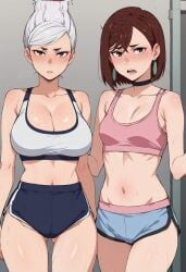 ai_generated ass_visible_through_thighs athletic_female athletic_shorts ayase_momo ayase_seiko belly belly_button bra brown_hair child_bearing_hips cleavage dandadan dolphin_shorts large_breasts navel older_female pink_bra pink_sports_bra shorts small_breasts sports_bra sports_shorts sweat sweatdrop sweating sweaty tagme thighs tummy white_hair wide_hips younger_female