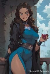 1girls 2d ai_generated ai_sensuality avatar_the_last_airbender blowjob blue_clothing blush clothed clothed_female dark-skinned_female dress eager katara large_penis smug sole_female solo stockings water_tribe wine