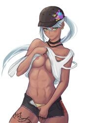 abs athletic_female blue_hair cap dark-skinned_female flashing_breasts green_eyes hoshinatsue isla_(kof) king_of_fighters latina nip_slip nipple_slip pants_pull ponytail shirt_lift small_breasts teasing teasing_viewer thigh_tattoo tomboy