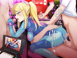 10s 2017 blonde_hair blue_eyes blush bottomless censored clothed_sex cowgirl_position female forced_in_fabric hand_on_another's_head metroid mole mole_under_mouth mosaic_censoring multiple_boys navel nintendo open_mouth penis ponytail samus_aran sex sweat through_clothes umayahara0130 vaginal_penetration zero_suit zero_suit_samus