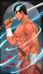 1boy 2018 abs ass_visible_through_thighs bandage bandaged_arm bara biceps big_areola big_breasts big_bulge black_eyes black_hair blue_flame bulge bulge_through_clothing collarbone dated dual_wielding flame forked_eyebrows frown full_moon fundoshi fundoshi_only gay gradient_background hand_on_leg hi_res holding_weapon katana male male_breasts male_only manly mature_male muscles muscular muscular_arms muscular_ass muscular_legs muscular_male muscular_thighs neutral_expression no_body_hair oppai orange_skin over_shoulder pecs plump_ass red_spider_lilies rnsk8931_(rnsk_akatsuki) rokushaku_fundoshi short_hair side_view six_pack solo spiral standing thick_arms thick_ass thick_eyebrows toji_(tokyo_afterschool_summoners) tokyo_afterschool_summoners topless tough_guy unsheathed white_fundoshi yaoi