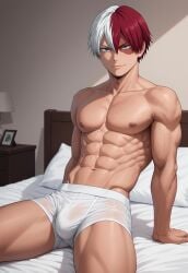 1boy abs ai_generated arm_support blue_eyes boku_no_hero_academia boxer_briefs boxer_briefs_only bsky_link bulge burn_scar civitai dvxxxgrai gay gray_eyes heterochromia lying_on_bed male male_only male_underwear multicolored_hair muscular muscular_male my_hero_academia navel nipples nude pony_diffusion_xl red_hair shouto_todoroki smile solo solo_male split-color_hair tagme todoroki_shouto toned toned_body toned_male twitter two_tone_hair underwear underwear_only white_hair white_male_underwear x_(social_media) yaoi