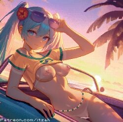 1girls adjusting_eyewear arm_support arm_up artist_name backlighting bar_censor bikini_tan blue_eyes blue_hair blue_nails bottomless brazilian_flag brazilian_miku breasts breasts_out car censored closed_mouth convertible crop_top evening eyewear_on_head female flower hair_flower hair_ornament hand_on_eyewear hatsune_miku hibiscus itzah long_hair looking_at_viewer medium_breasts motor_vehicle nail_polish navel nipples off-shoulder_shirt off_shoulder outdoors palm_tree pussy reclining red_flower shirt short_sleeves smile solo sunglasses sunlight sunset tan tanlines tree twintails vocaloid yellow_shirt