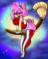 amy_rose broom looking_pleasured mango_doodling moon night_sky no_panties penis sega sonic_(series) thigh_boots wagging_tail witch_broom