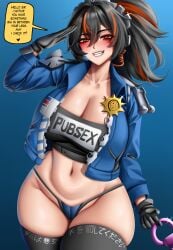 1girls big_breasts blush breasts busty cleavage cop curvaceous curvy curvy_body curvy_female curvy_figure english english_text female gloves huge_breasts large_breasts policewoman ponytail salute susumutakada text thick_thighs thighs voluptuous wide_hips yutohayuto zenless_zone_zero zhu_yuan