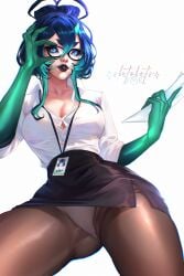 1girls 2024 absurd_res adjusting_glasses black_lipstick black_sclera blue_eyes blue_hair female female_only glasses green_arms horns humanoid id_card indie_virtual_youtuber light-skinned_female light_skin looking_at_viewer office_lady panties_under_pantyhose pantyhose shtolets solo sulia thick_thighs tied_hair virtual_youtuber white_background