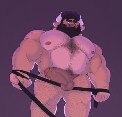 anthro balls beard biceps body_hair bovid bovine bu11 cattle facial_hair first_person_view foreskin genitals hair hi_res horn humanoid_genitalia humanoid_penis leash leashed_pov looking_at_viewer looking_down looking_down_at_viewer male mammal muscular muscular_male pecs penis solo