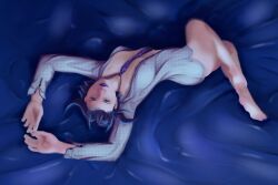 ass bed blue_eyes blue_hair hololive hololive_english hololive_english_-council- hololive_english_-promise- lying_on_back lying_on_bed nipples_visible_through_clothing open_shirt ouro_kronii spirit_shades tie virtual_youtuber vtuber