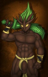 2016 abs ambush_(skylanders) anthro big_penis bracelet claws clothing flaccid flora_fauna foreskin fundoshi glowing glowing_eyes invalid_tag inviting japanese_clothing jewelry kurtassclear loincloth looking_at_viewer male male_only melee_weapon muscular muscular_male nipples no_sclera open_pants pecs penis penis_through_fly plant poking_out pupiless_eyes skylanders skylanders:_imaginators solo sword uncut underwear weapon