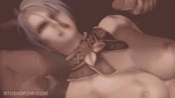 1girls 3d animated bukkake cum_on_body cum_on_face gangbang hair_over_one_eye holding_head isabella_valentine large_breasts large_penis multiple_boys nipples pale-skinned_female short_hair silver_hair soul_calibur studiofow