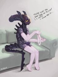 2025 7b7a2f absurd_res alien alien_(franchise) anthro armwear balls biped clothed clothed_anthro clothed_male clothing dialogue digital_media_(artwork) elbow_gloves english_text footwear furniture genitals gloves handwear hi_res holding_clothing holding_object holding_panties holding_underwear humanoid_genitalia humanoid_penis legwear male male_anthro male_focus mostly_nude mostly_nude_anthro mostly_nude_male narrowed_eyes on_sofa panties penis signature simple_background sitting sitting_on_sofa socks sofa solo solo_male spikes spikes_(anatomy) tail talking_to_viewer text thigh_highs thigh_socks three-quarter_view underwear xenomorph