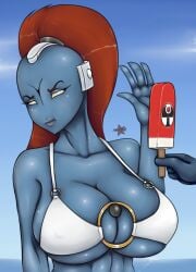 alien alien_girl big_breasts bikini blue_skin bust_portrait ice_cream mixsan nipple_bulge no_pupils ponytail red_hair romman08 tau upset warhammer_(franchise) warhammer_40k watermark