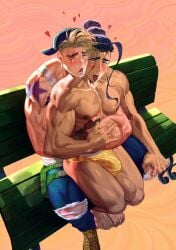 2boys anal anal_sex bench black_hair black_hair_bottom blonde_hair blonde_hair_on_black_hair blonde_hair_top character_request domination dreadful_alibi gay gay_anal gay_sex light_hair_on_dark_hair male male/male male_only nude nude_male open_mouth outdoors outside pleasure_face tongue tongue_out yaoi