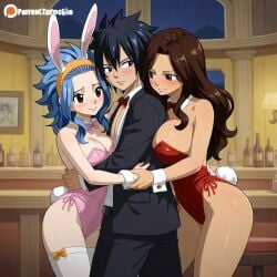 1boy 2girls ai_generated black_hair blue_hair brown_hair bunny_costume bunny_girl bunnysuit cana_alberona fairy_tail gray_fullbuster levy_mcgarden threesome throuple