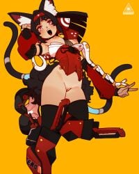 absurdres animal_ear_fluff animal_ears bell black_hair black_thighhighs breasts cat_ears cat_girl cat_tail cheunchin cleft_of_venus corset detached_sleeves female foot_out_of_frame forehead_tattoo hairband hand_up highres jingle_bell long_sleeves looking_at_viewer multiple_tails nekomiya_mana nipples open_mouth pussy red_corset red_eyes red_hairband small_breasts solo tail teeth thighhighs two_tails uncensored upper_teeth_only yellow_background zenless_zone_zero